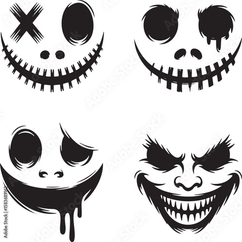 Set of terrifying smile face silhouette vector illustration isolated On Transparent Background