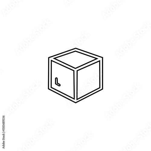 This clean line art graphic depicts a 3D cube-shaped box.