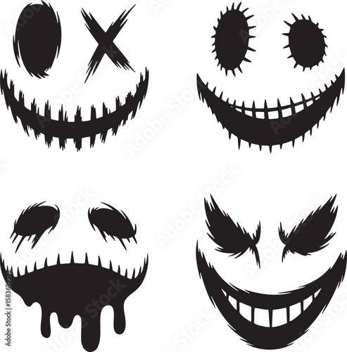 Set of terrifying smile face silhouette vector illustration isolated On Transparent Background