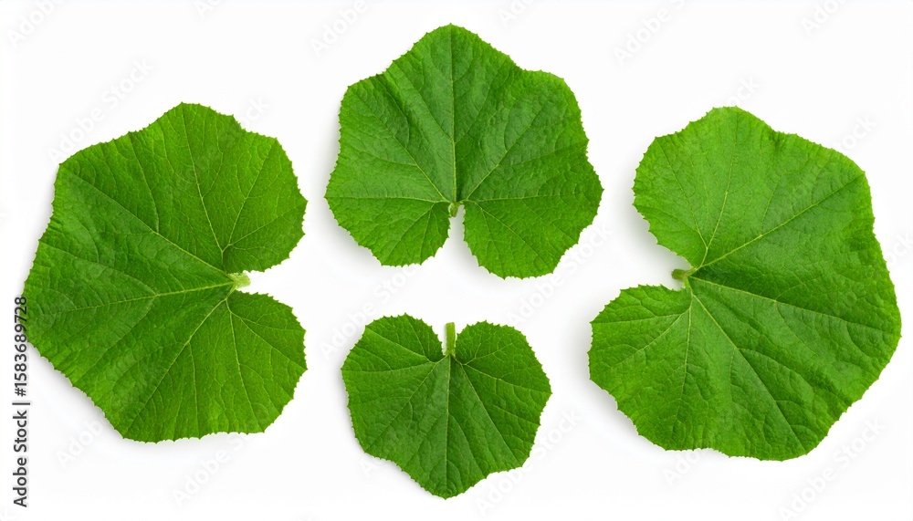 Obraz premium Four green pumpkin leaves are arranged on a white background, showcasing their shapes and textures.