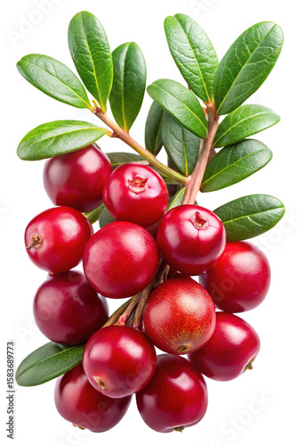Closeup of Bright Red Cranberries and Green Leaves on a Stem Isolated