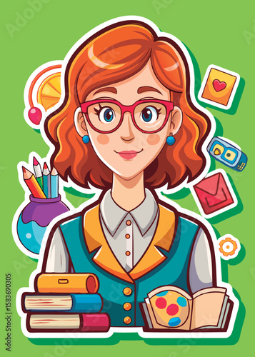 Female teacher with auburn hair and glasses. wearing a teal and mustard colored blazer jacket over a white collared shirt. standing in front of books and art supplies.