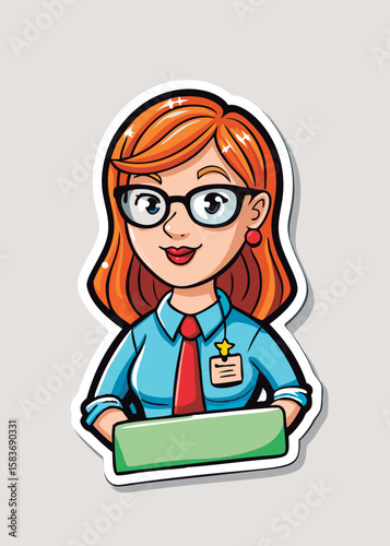 Female cartoon character in a light blue shirt. red tie. and glasses. Standing at a desk. a professional pose in an office setting.