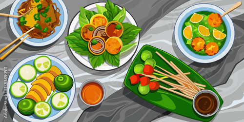 Fresh and healthy fruit salads, dishes, and gourmet vegetable appetizers arranged on a table for a delightful meal