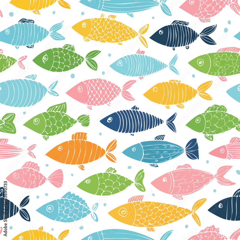 Fototapeta premium Seamless Vector Set of Colorful Fish Doodles – Hand-Drawn Underwater and Ocean Life Pattern