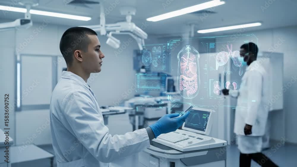 Medical scan shows doctor in futuristic operating room using augmented reality technology. Medical scan for anatomical study shows internal organs, improving diagnostics, and surgical planning.