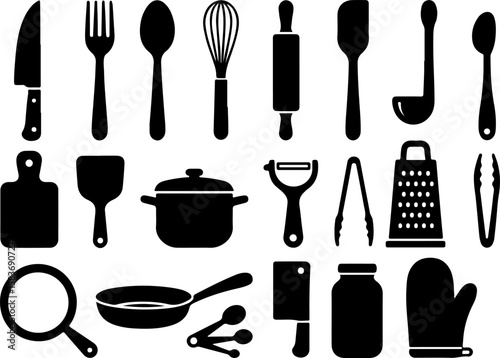 Set of kitchen utensils and tools vector icons including spoon fork knife pot and pan illustration silhouette for cooking and dining use