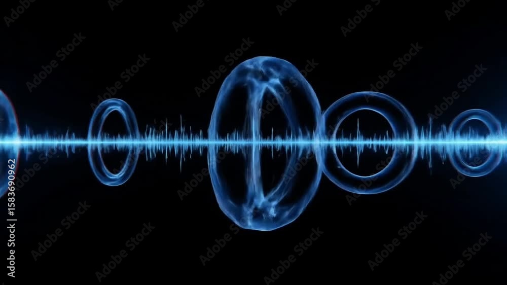 Soundwave Spectrum: Explore the essence of sound visualized with mesmerizing waves, showcasing energy's rhythm through pulsating light and forms on a backdrop of pure darkness.