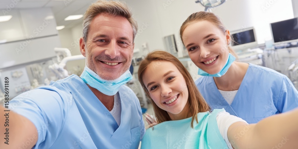 Obraz premium The dental team smiling happily in a modern clinic setting.