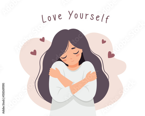 The girl hugs herself by the shoulders.Love yourself concept. Self care. Vector flat illustration.	