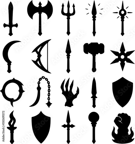 Collection of stylized black silhouette fantasy weapons and symbols including swords axes tridents spears hammers shields and a flaming fist