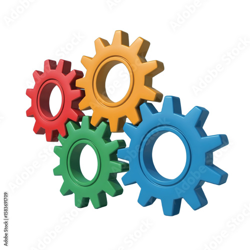 Four Interlocking Colorful Gears Red Orange Green and Blue on White Background cogwheels