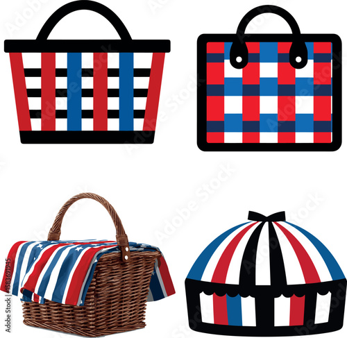 Set of red, white, and blue checkered picnic baskets and bags with striped fabric design, ideal for outdoor activities, summer picnics, and seasonal gatherings