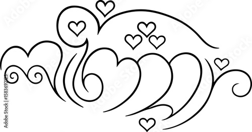 Elegant black and white decorative flourish with multiple hearts and swirling lines representing love romance and celebration on a clean background