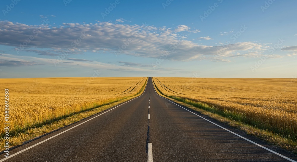 Fototapeta premium Long Empty Road Cutting Through Golden Wheat Fields Under Bright Blue Sky