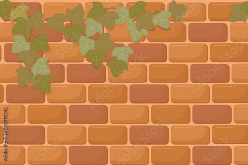 Cartoon ivy covered brick wall illustration. Seamless brick texture vector. 