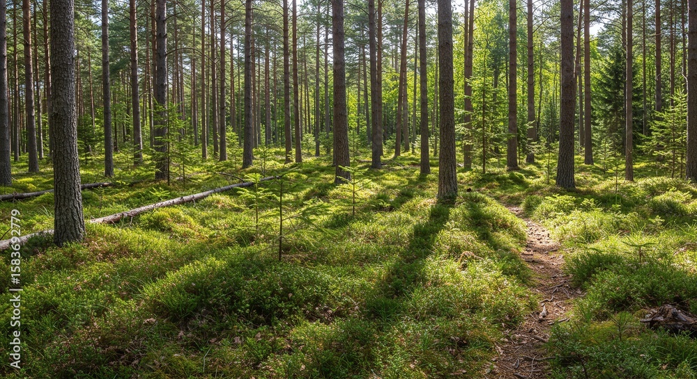 Fototapeta premium Lush Green Forest with Tall Trees Sunlight Filtering Through Dense Canopy Nature Scene