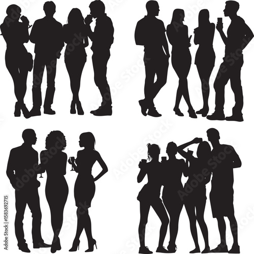 Silhouettes of young people socializing, having fun, and enjoying drinks together, perfect for representing friendship, celebration, and social gatherings