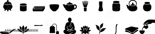Collection of black silhouette icons representing traditional japanese tea ceremony elements and zen buddhist symbols for a serene and mindful experience
