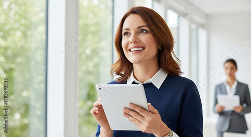 Smiling Woman in Blue Blazer Holds White Tablet Near Bright Window Businesswoman in Background Free Download Smiling Woman in Blue Blazer Holds White Tablet Near Bright Window Businesswoman in Background - GFXLoad