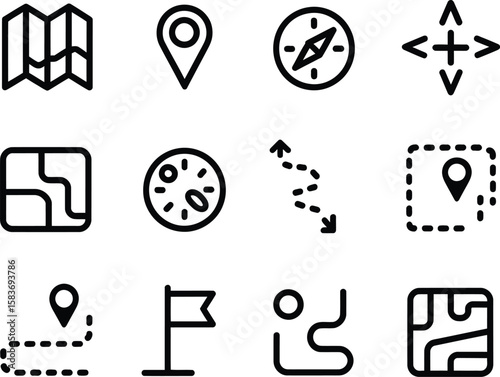 Collection of simple black line icons representing navigation and location services
