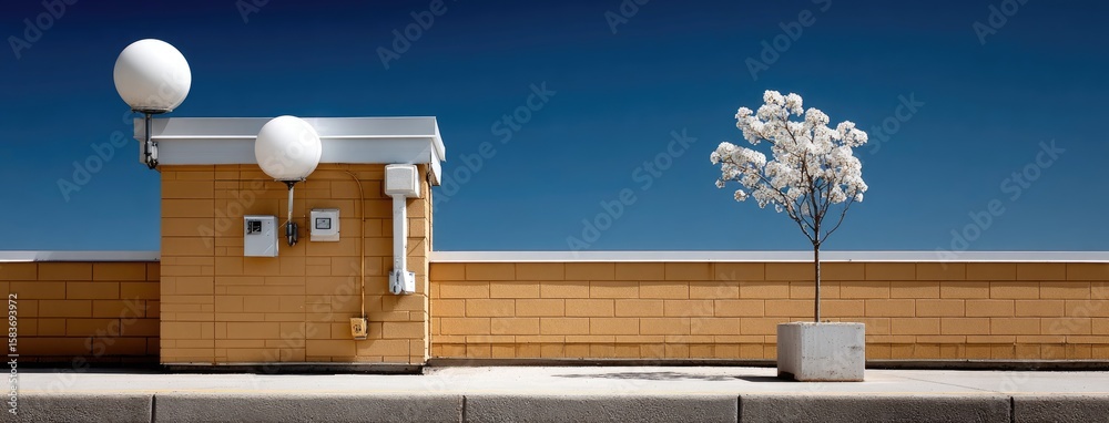 Fototapeta premium Rooftop view featuring a solitary flower tree beside utility structures against a clear blue sky at midday in an urban setting