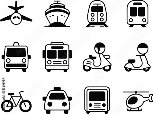 Collection of black and white transportation icons on a white background