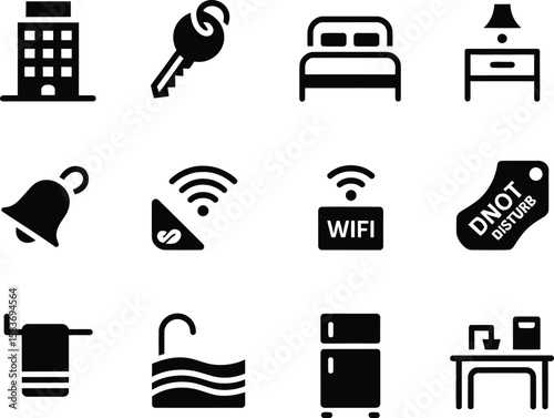 Collection of hotel service and amenity icons in a simple black and white design