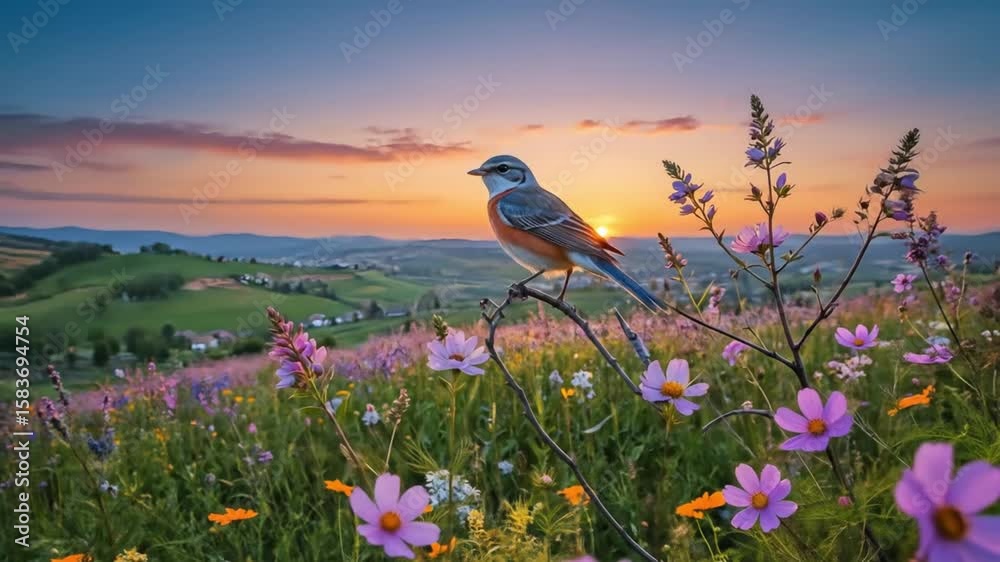 Group of birds standing and pecking in a grassy field filled with small blooming wildflowers

