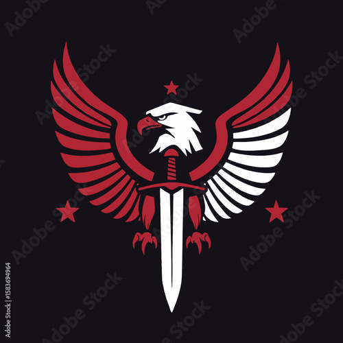 Stylized eagle with spread wings clutching a sword, featuring stars and a star above its head.
