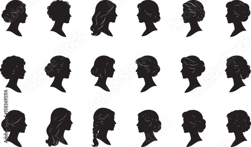 Elegant black silhouette collection of women's hairstyles and hairdos on white background