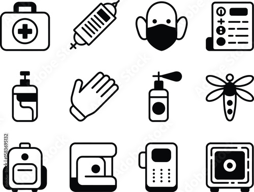 Collection of twelve black and white icons representing medical and safety equipment