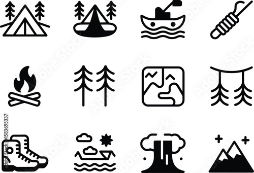 Collection of outdoor adventure and camping icons in black and white