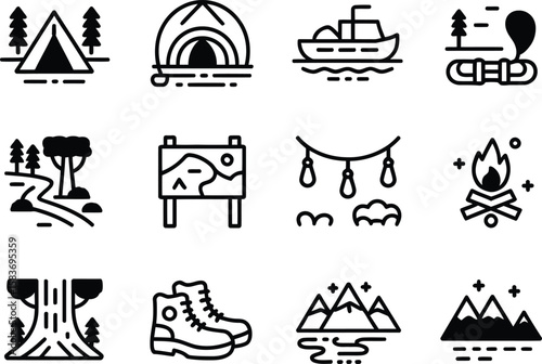 Collection of outdoor adventure and camping icons in simple line art style