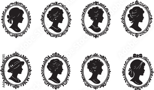 Elegant vintage cameo silhouettes of women within ornate decorative oval frames in black