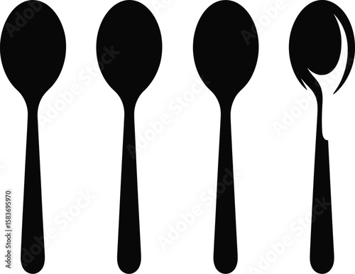 Four black spoons silhouettes with one spoon bent and damaged