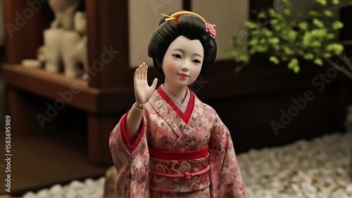 Geisha Doll: A beautifully crafted geisha doll stands elegantly in a traditional Japanese setting, capturing the grace, artistry, and cultural richness associated with geishas. 