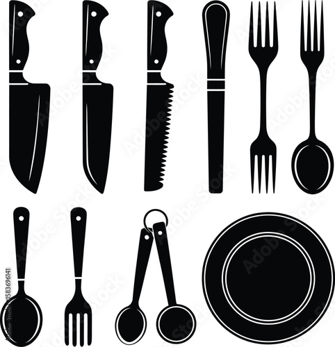 Collection of black silhouettes of kitchen utensils and cutlery