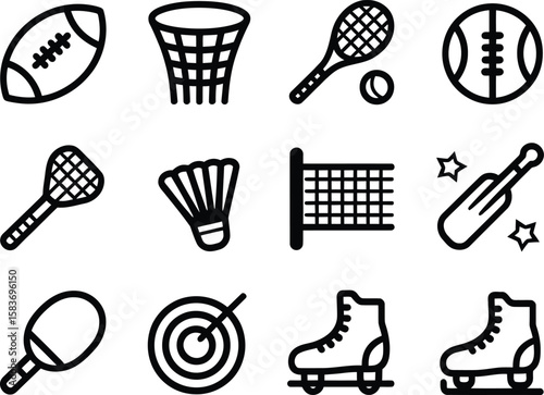 Collection of twelve black and white sport icons on a white background