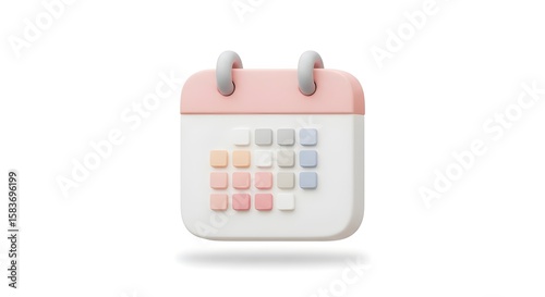 Minimalist 3D calendar icon with soft shadows and pastel colors, clean white background