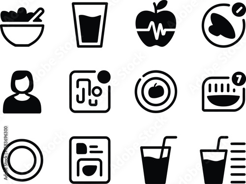 Collection of health and wellness icons representing food drink and fitness activities
