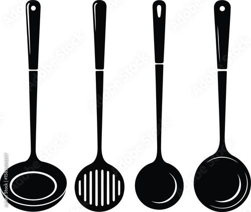 Four black silhouette kitchen utensils with long handles on white background