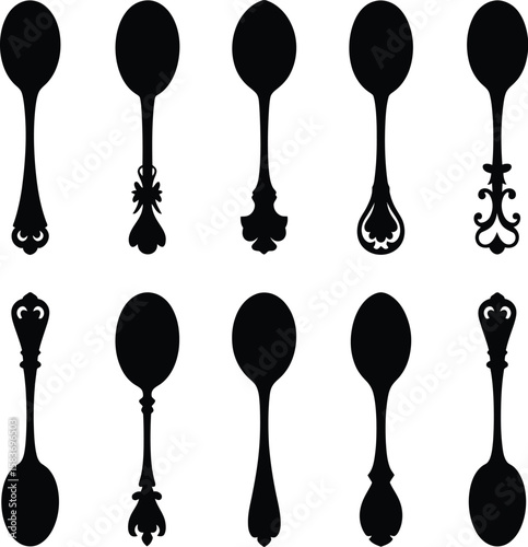 Collection of ornate and simple black spoon silhouettes on white background