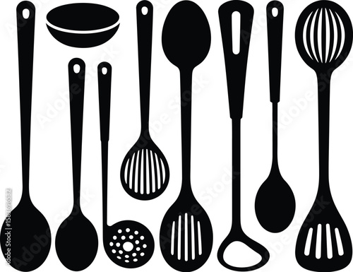 Collection of silhouetted kitchen utensils arranged in a row