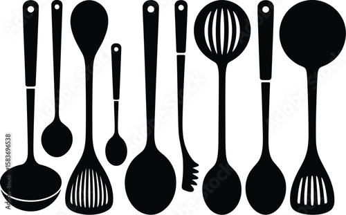 Collection of silhouetted kitchen utensils on a white background