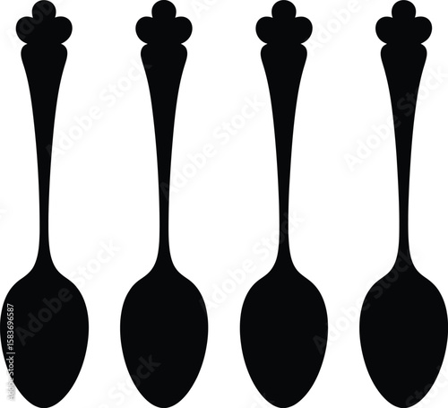 Four black silhouette spoons with decorative handles arranged in a row