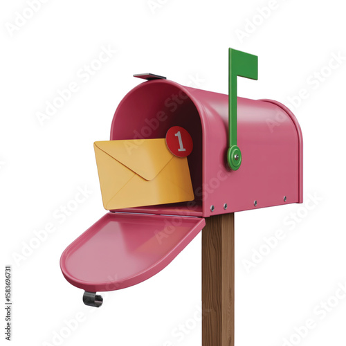 Pink mailbox with open door and yellow envelope with a notification icon and number one