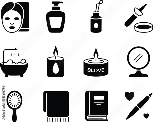 Black and White Spa, Beauty and Wellness Icons Set