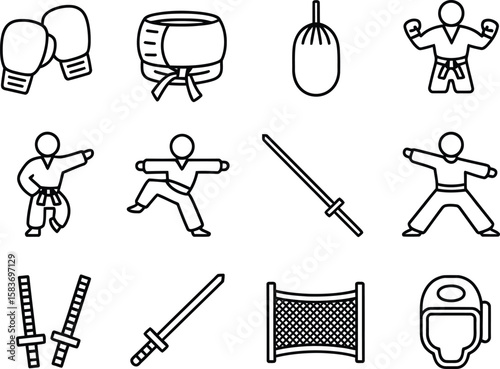 Simple Line Art Icons Representing Martial Arts Equipment and Techniques