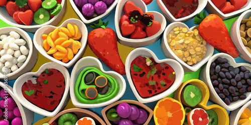 A healthy collection of fresh fruit and vegetable meals, including a vibrant fruit salad and green leafy vegetables, ready for a delicious breakfast, dinner, or restaurant dish